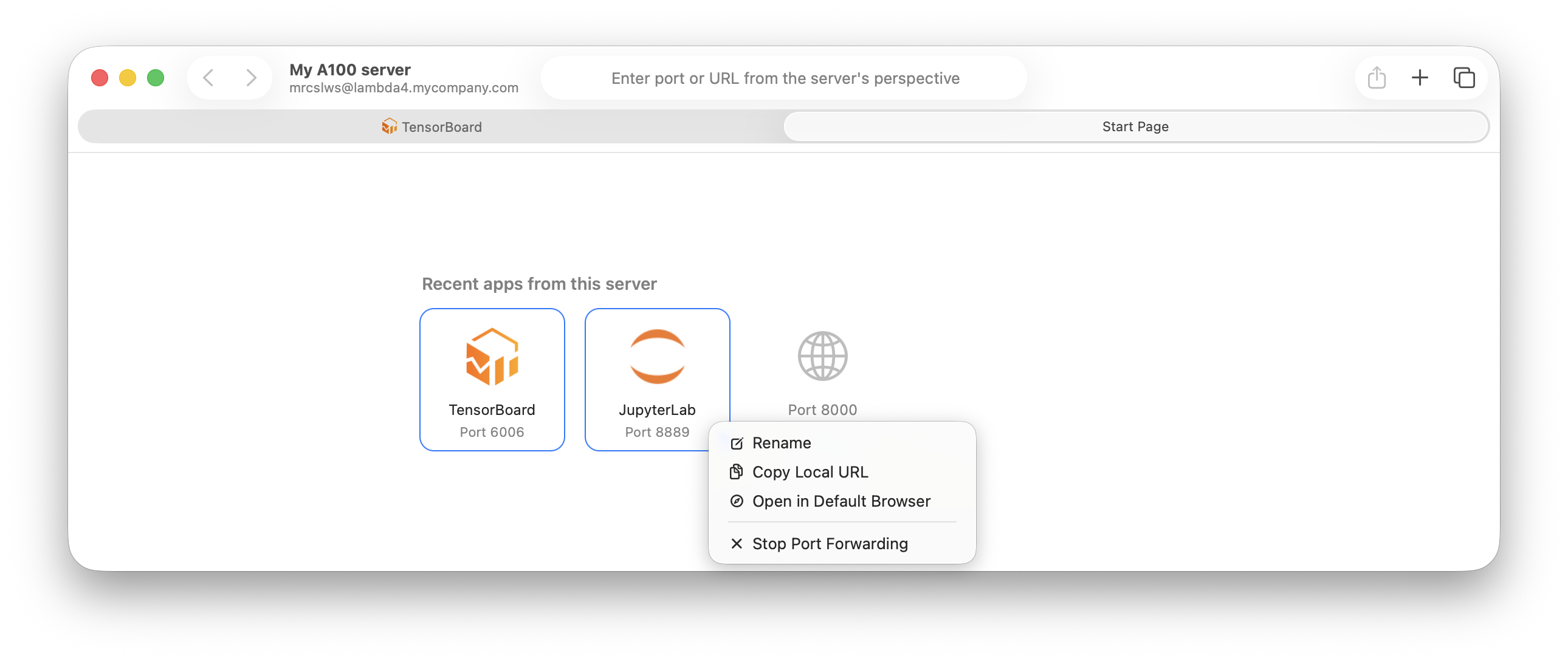 A browser window with server info in the upper-left corner. It's showing two tabs: Tensorboard and a Start Page. The Start Page shows a set of web apps running on the server. The image also shows a context menu, revealing that the app is performing port forwarding for these web apps.